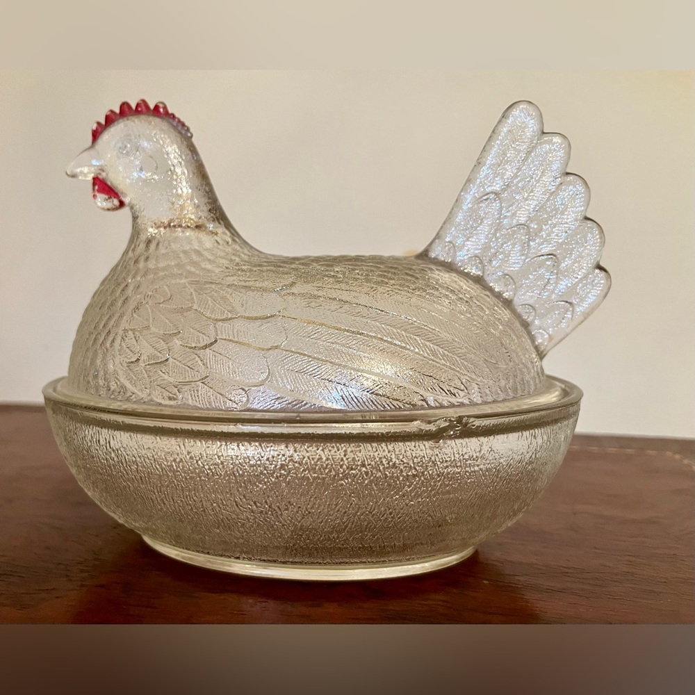 Vintage Clear Glass Hen on Nest Covered Dish w/ red comb